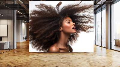 closeup of beautiful black african american young female model woman shaking her beautiful afro hair in motion. ad for shampoo conditioner hair products. isolated on white background. Generative AI Wall mural