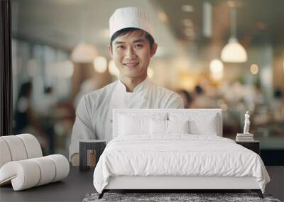 closeup photo portrait of a handsome young asian chef cook with white uniform standing. guests eating in the restaurant. blurry food restaurant kitchen in the background. Generative AI Wall mural