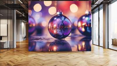 colorful christmas balls tree decoration with bokeh circles from reflecting light on a glass ground. holiday wallpaper background for wrapping gifts. new year celebration. Generative AI Wall mural