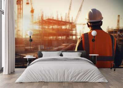 construction engineer standing with his back and watches at a house building construction. wearing a helmet and orange safety vest. working as a architect. blurry background. Generative AI Wall mural