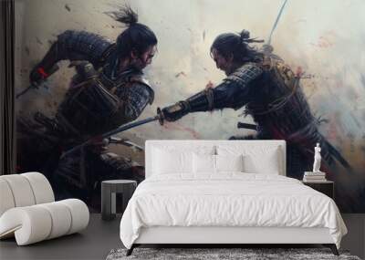 epic samurai with  weapon swords standing and duel fighting. rainy day with grey sky and tones. asian culture. pc desktop wallpaper background 16:9 Wall mural