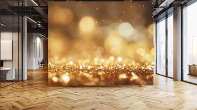 golden christmas particles and sprinkles for a holiday celebration like christmas or new year. shiny golden lights. wallpaper background for ads or gifts wrap and web design Wall mural