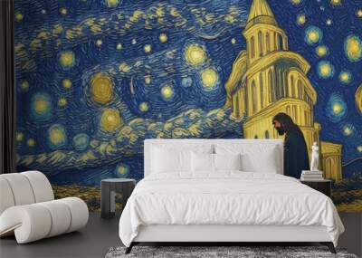 jesus christ praying in front of a church with stars in the sky in van goghs artstyle. Generative AI Wall mural