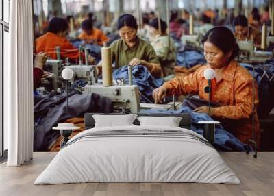 photo of asian seamstress in textile factory sewing with industrial sewing machines. Generative AI Wall mural