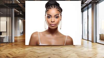 portrait of beautiful black african american woman with curly long braids and bun. perfect face structure. sharp jawline looking straight forward in front. isolated on white background. Generative AI Wall mural