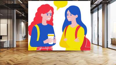 Concept of conversation. Girls have fun talking to each other, friends discuss latest news, students talk about rumors and gossip. Dialogue, team and communication. Cartoon flat vector illustration Wall mural