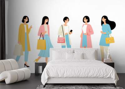 Trendy Women Shopping in Stylish Outfits Illustration Wall mural