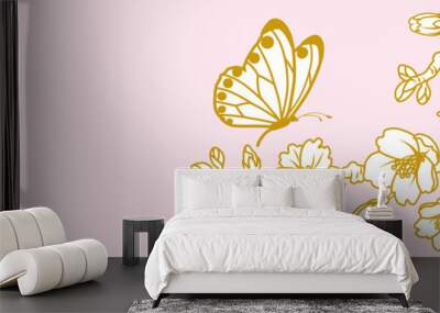 Butterfly and Cherry blossom twig - Line art style, banner ratio Wall mural