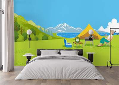 Young woman enjoying camp in summer nature - Vertical Wall mural