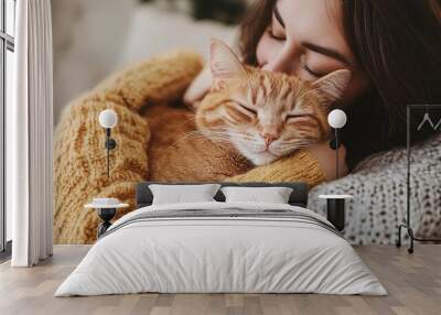 A young woman with long red hair is holding a ginger cat in her arms The woman is wearing a brown sweater  and has her eyes closed Wall mural