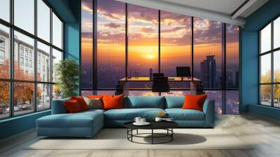 AI Generated Modern interior window wall building city office contemporary business downtown success skyscraper empty urban corporate view clean workplace design construction sky room architecture Wall mural