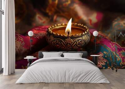 Candle light and bokeh background celebrate Indian Holiday Diwali. AI Generative Wall mural