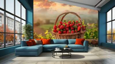 Full basket with just picked fresh red ripe strawberries on wooden desks with green natural background Wall mural