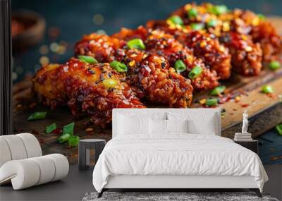 gastronomic picture of a 2 michelin star's spicy korean fried chicken tenders with a lot of CHILI SAUCE and crumbles on a woodtable. Cinematographic, dark blue background Wall mural