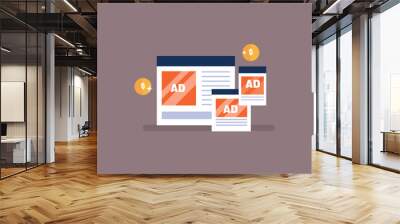 Advertising network displaying ads on various digital devices, Ad display on computer, tablet and mobile, responsive ads, Digital ad network. Vector illustration background. Wall mural