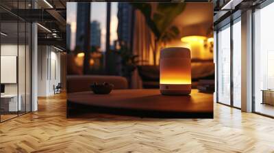 High-Tech Smart Speaker in a Stylish Living Room with Warm Evening Light, Showcasing Modern Technology and Elegant Home Decor Wall mural