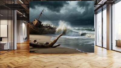 Compose an image of a beautiful beach during stormy weather, with a shipwreck tossed onto the shore. Pay attention to the ultra-realistic details of the turbulent waves, rain-soaked sand-AI Generative Wall mural