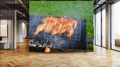 Chicken, tabaka chicken, grill barbecue meat on a brazier with smoke, green grass background Wall mural