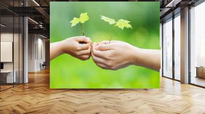 Adult and child holding little green plant in hands. Ecology concept Wall mural