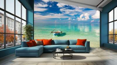 Beautiful ocean beach and boat on Maldives Wall mural