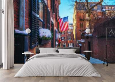 Boston old narrow street at snowy winter Wall mural