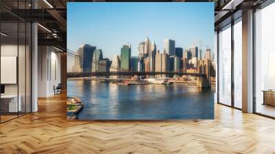 Brooklyn bridge and Manhattan at sunny day, New York City Wall mural