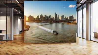 Panoramic view of Brooklyn bridge and Manhattan at sunset, New York City Wall mural