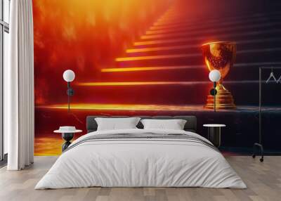 A staircase leading up to a shiny golden trophy symbolizes the reward for climbing the ladder and advancing in your business career. It represents success, achievement, and growth in leadership,  Wall mural