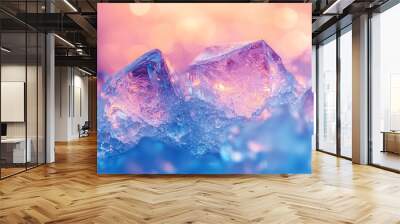 Abstract close-up of glistening ice crystals against a dreamy blue and pink bokeh backdrop. Wall mural