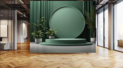 Background green podium product platform 3D display stage stand luxury. Green background podium abstract studio leaf pedestal scene minimal plant design cosmetic light presentation wall modern tree. Wall mural