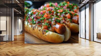 Chicago-Style Hot Dogs with Homemade Tomato, Onion, and Peppers Wall mural