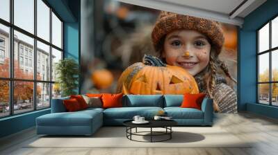 Children holding a pumpkin while trick-or-treating on Halloween. Wall mural