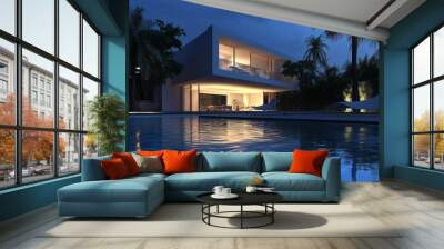 Exterior view of a stunning modern minimalist cubic villa with a large swimming pool surrounded by palm trees. Wall mural