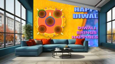 happy diwali and diwali brings happiness greeting line on blur shape Wall mural