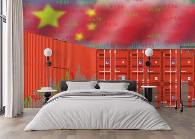 transparent china flag on up down graphs and Cargo ship container. Wall mural