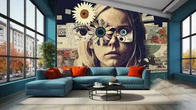 Abstract art portrait of girl, face of young woman in vintage collage style, generative AI Wall mural