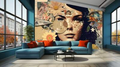 Abstract art portrait of young woman, girl face in vintage collage style, generative AI Wall mural