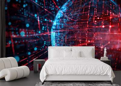 Abstract digital space background, futuristic cyberspace with cyber data, information and red blue light. Concept of ai technology, secure tech, network, art and cybersecurity. Wall mural