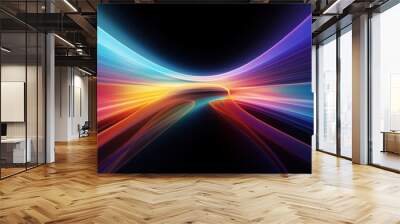 Abstract neon digital lines in dark space, glowing multicolored energy motion on black background. Cyberspace with fast light trails. Concept of tech, spectrum, color, data, Wall mural