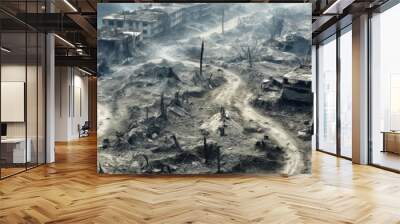 Aerial view of destroyed city, buildings ruins due to war in Middle East. Deserted scene of rubbles and smoke, urban destructions. Concept of wasteland, terror, post apocalypse Wall mural