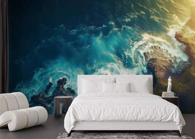 Aerial view of sea and rocks, ocean blue waves crashing on shore Wall mural