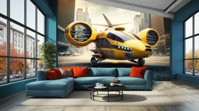 Air taxi car in city, futuristic yellow cab on urban parking, generative AI Wall mural