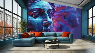 ancient statue on abstract neon background, nft token and crypto art at online digital gallery. conc Wall mural