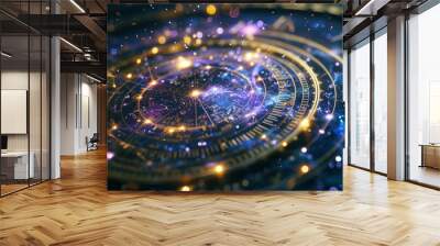 Astrological signs on shiny golden circle in blue space, abstract Zodiac wheel with stars and galaxy. Concept of astrology, symbol, horoscope, background and time Wall mural