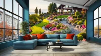 Beautiful home garden in summer, scenery of upscale landscaped house backyard at sunset. Scenic view of path, flowers and green plants. Concept of landscaping, nature, luxury design, yard Wall mural