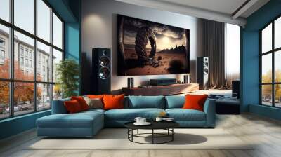 Big TV wall screen in modern living room, television set in luxury interior, generative AI Wall mural