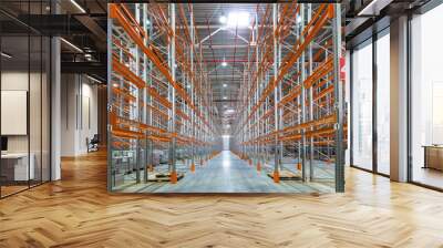 Big warehouse or storage, panorama of modern shelving and racks system Wall mural