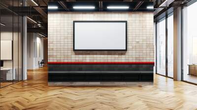 Blank billboard in subway station, poster mockup on tiled wall. Empty space for advertising in urban underground. Concept of metro, street, banner, background, template Wall mural