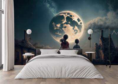 Children sitting on roof at night, little boy and girl looks at moon in sky, generative AI Wall mural