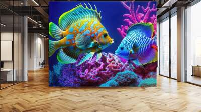 Coral reef with wild sea fish, tropical ocean underwater life, generative AI. Wall mural